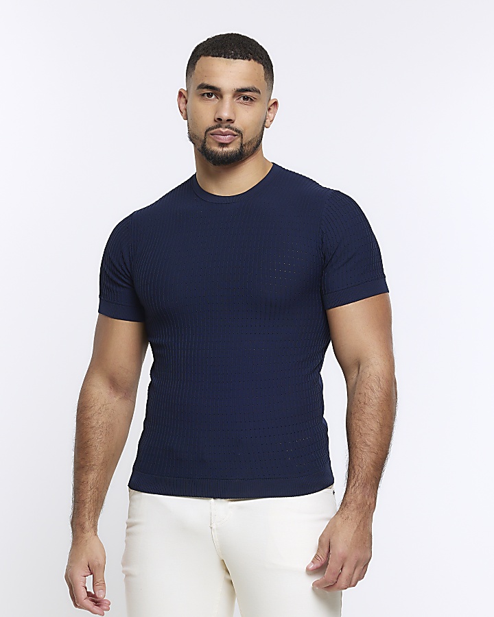 Navy muscle fit brick knit t-shirt