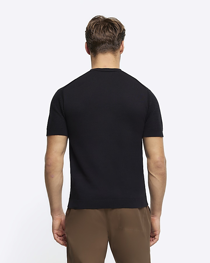 Black slim fit textured knit t-shirt