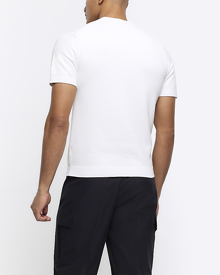 White slim fit textured knit t-shirt