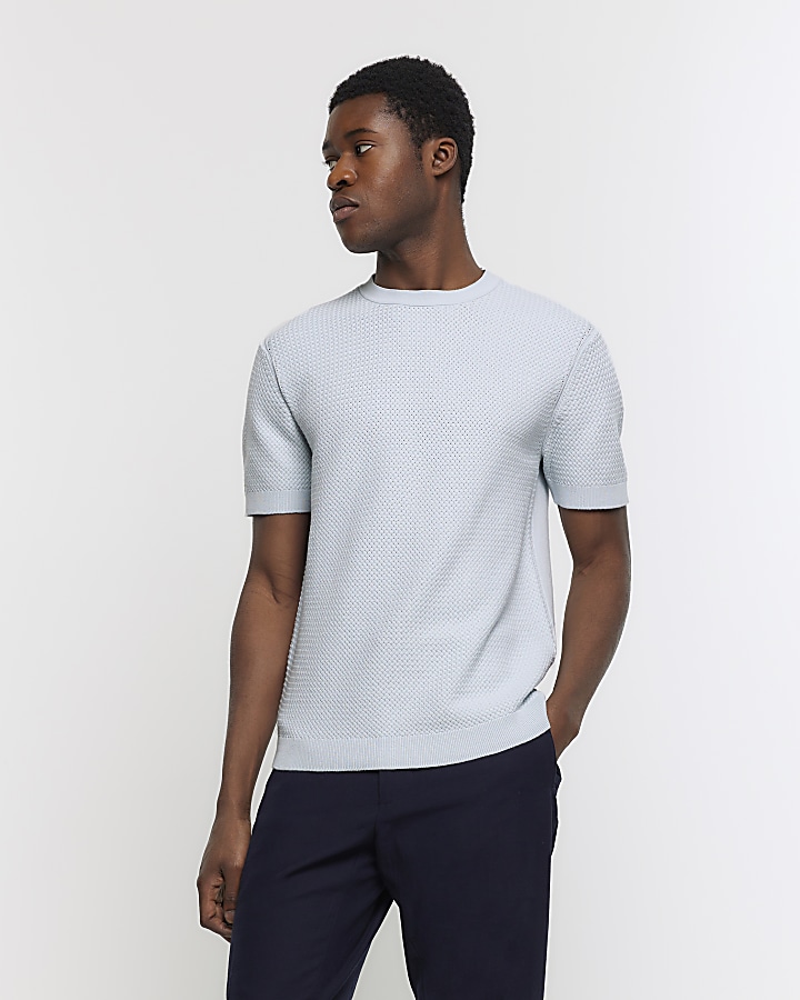Blue slim fit textured knit t-shirt