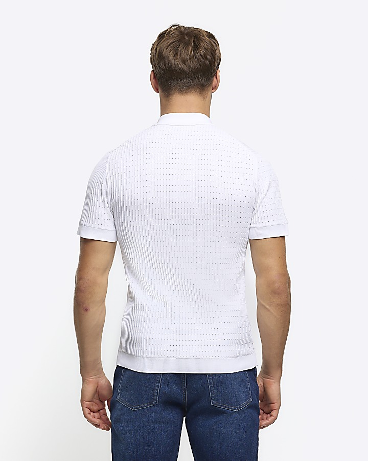 White muscle fit knitted half zip polo