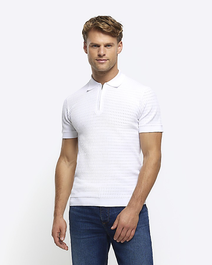 White muscle fit knitted half zip polo