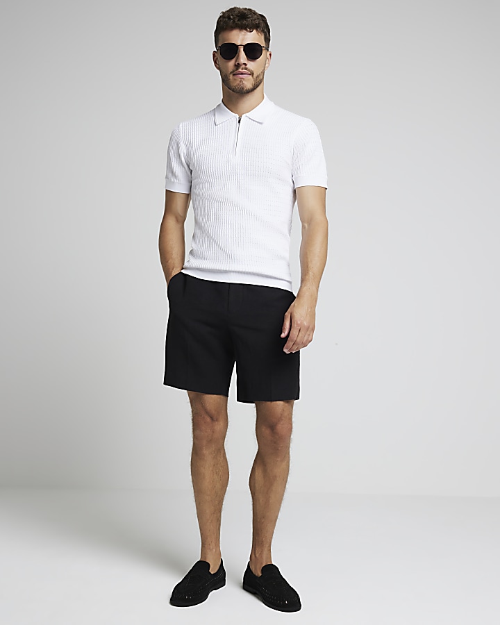 White muscle fit knitted half zip polo | River Island