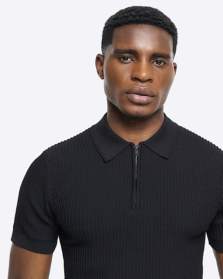 Black muscle fit knitted half zip polo