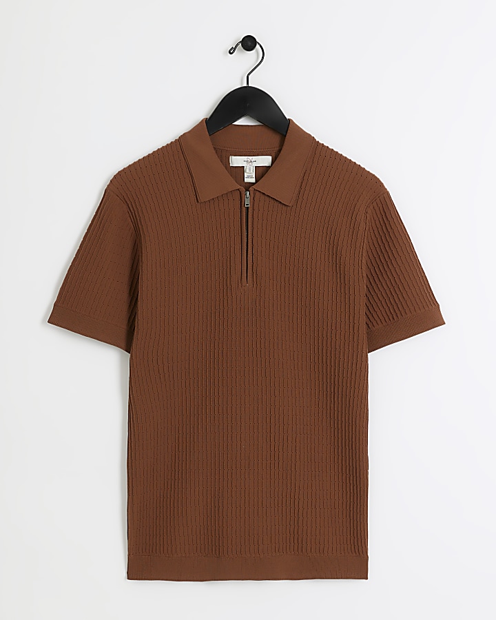 Rust muscle fit knitted half zip polo