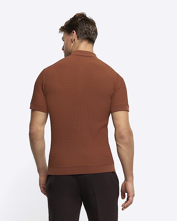 Rust muscle fit knitted half zip polo
