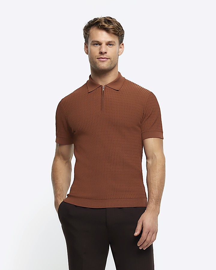 Rust muscle fit knitted half zip polo