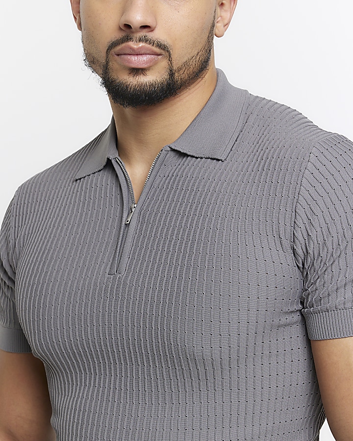 Grey muscle fit knitted half zip polo