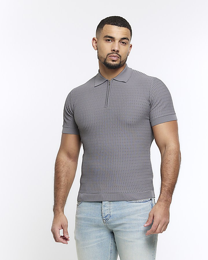 Grey muscle fit knitted half zip polo