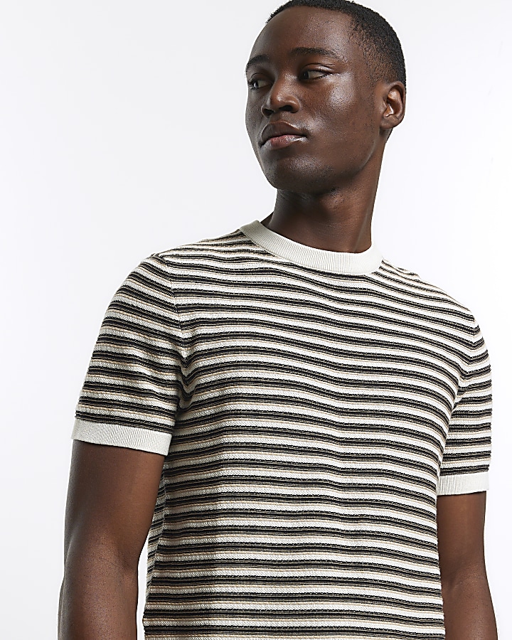Brown slim fit stripe knitted t-shirt | River Island