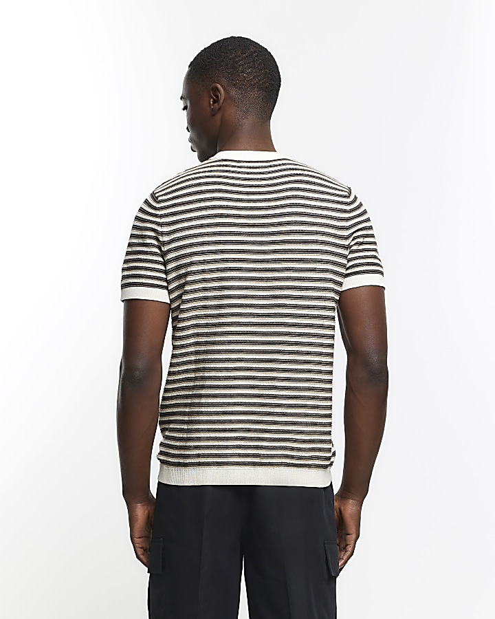 Brown slim fit stripe knitted t-shirt