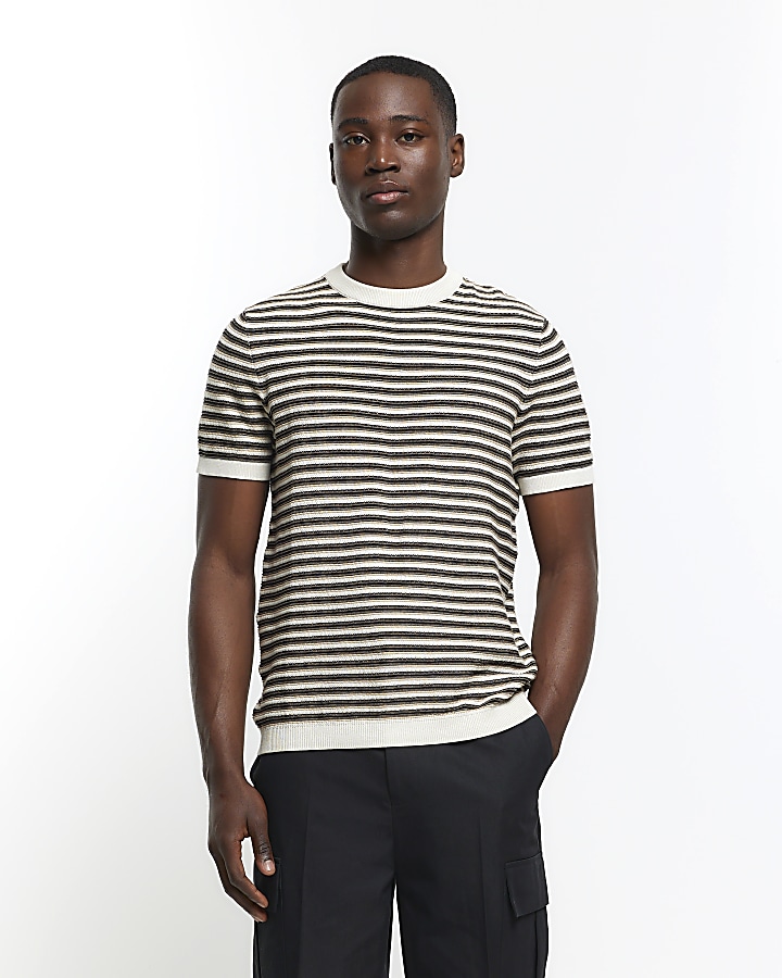 Brown slim fit stripe knitted t-shirt | River Island