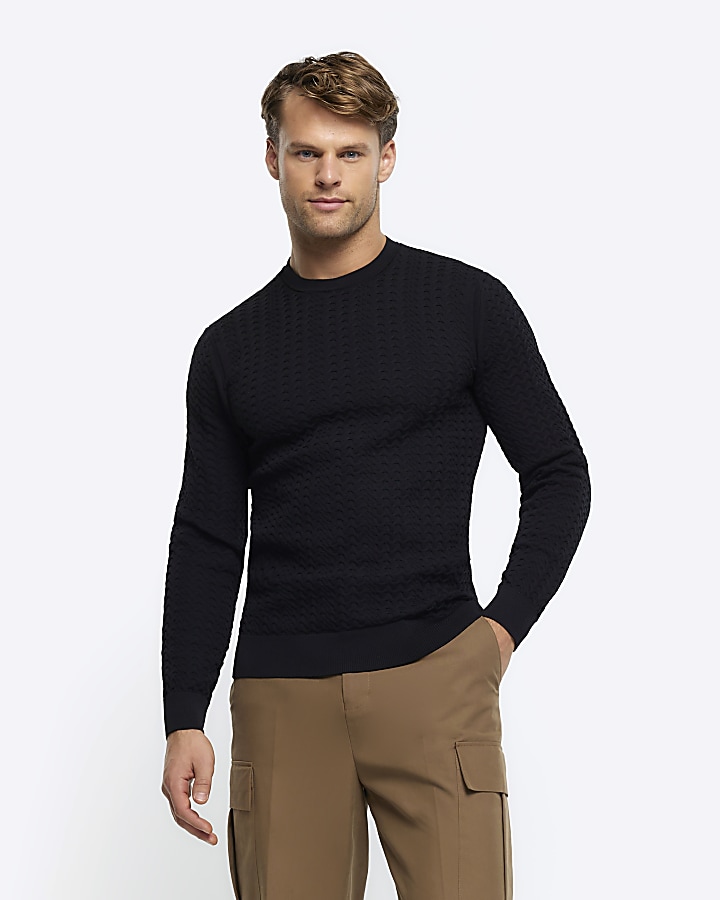 Black muscle fit cable knit jumper River Island