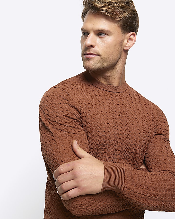 Rust muscle fit cable knit jumper River Island