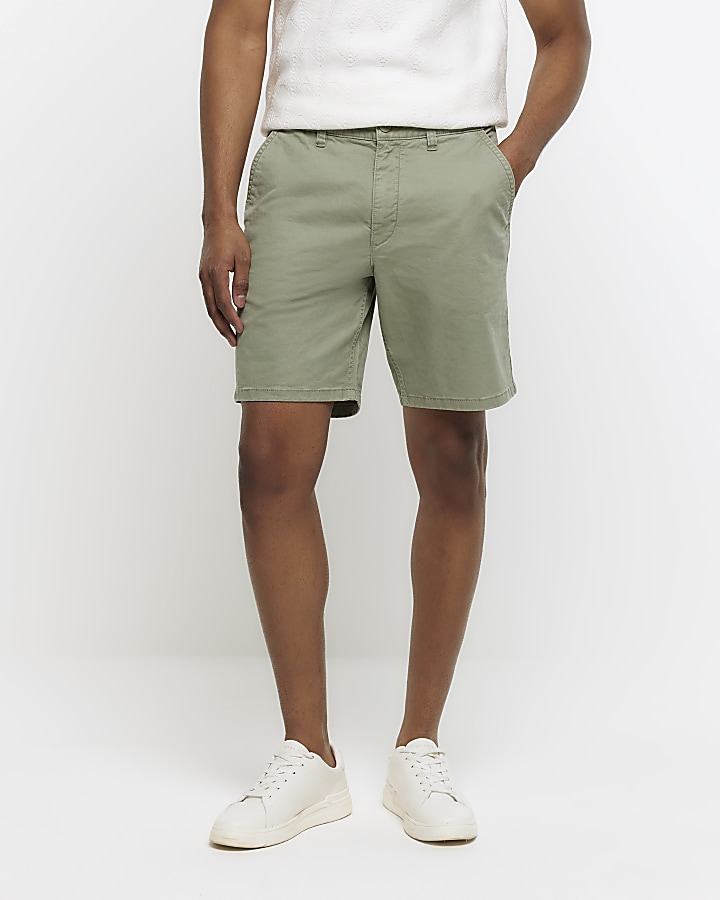 Green slim fit casual chino shorts