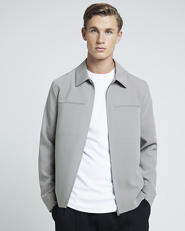 Grey regular fit zip up smart shacket | River Island