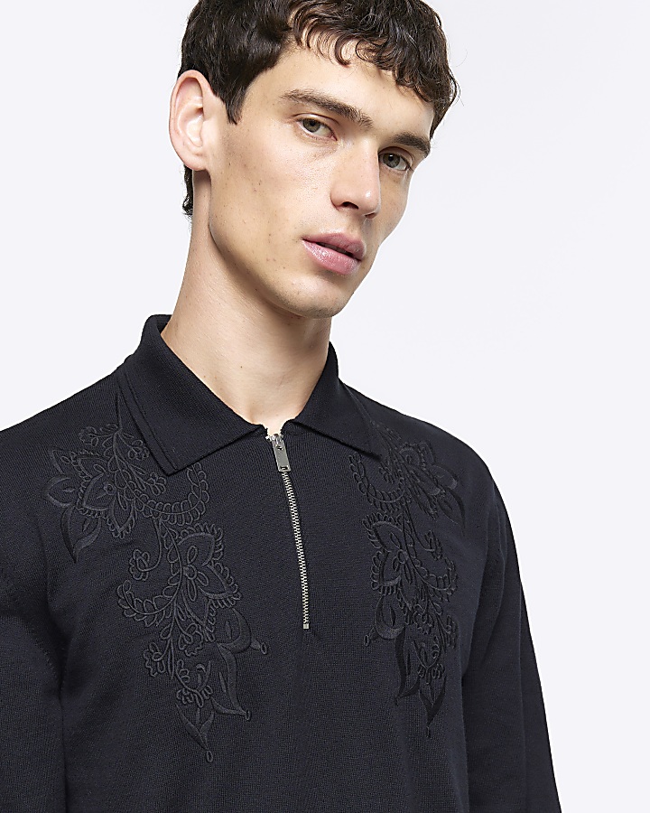 Black Slim Fit Embroidered Polo Shirt