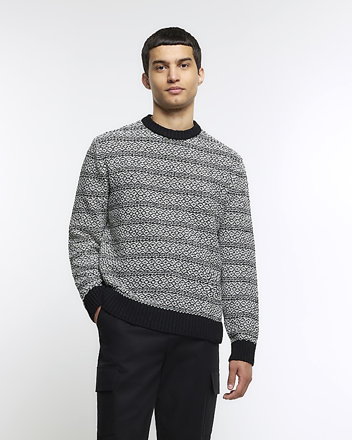 Black Slim Fit Geometric Print Jumper | River Island