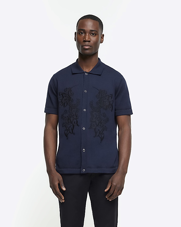 Navy Slim Fit Embroidered Shirt | River Island