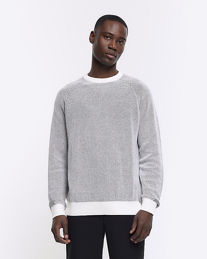 White regular fit knit textured jumper