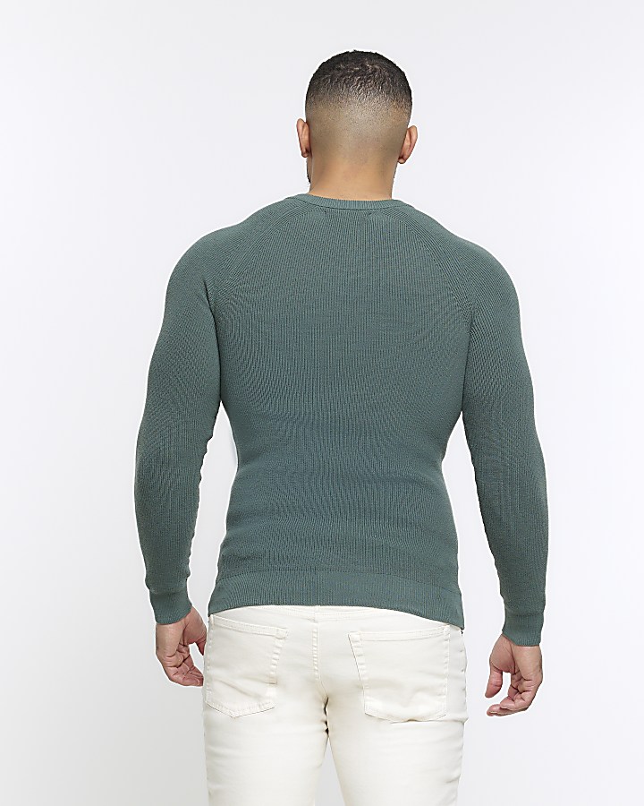 Green muscle fit knit rib jumper