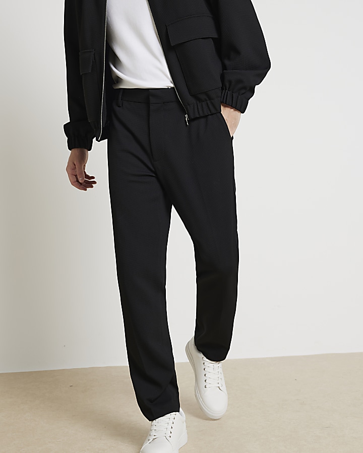 Black slim fit waffle textured trousers
