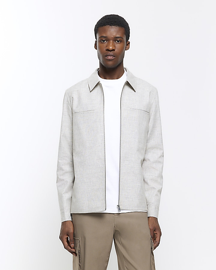 Grey slim fit textured Harrington jacket