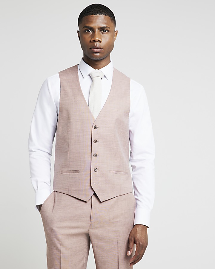 Pink slim fit textured waistcoat