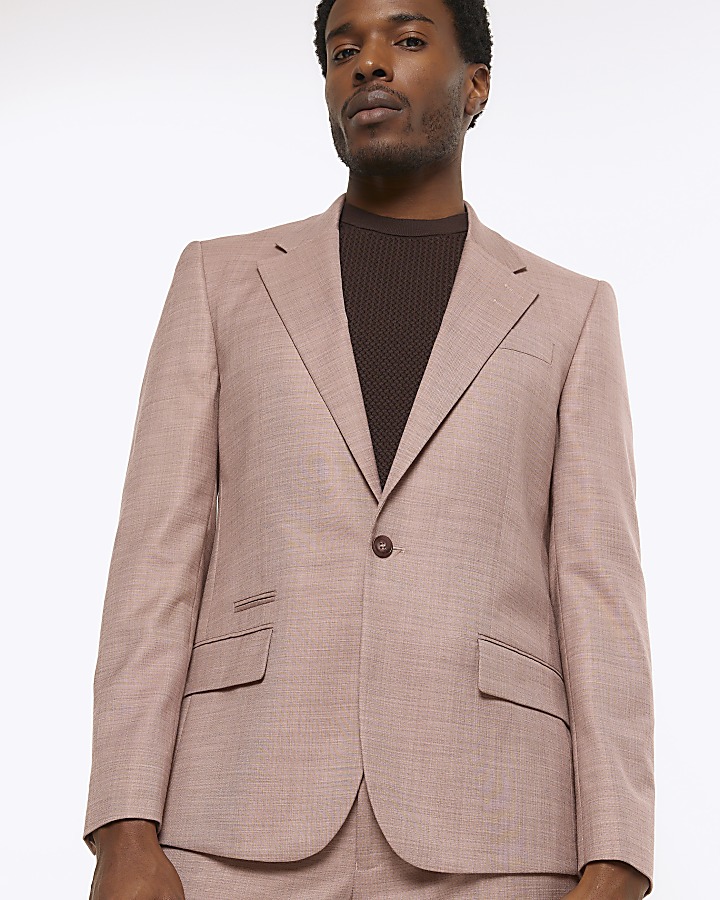 Pink slim fit textured suit jacket