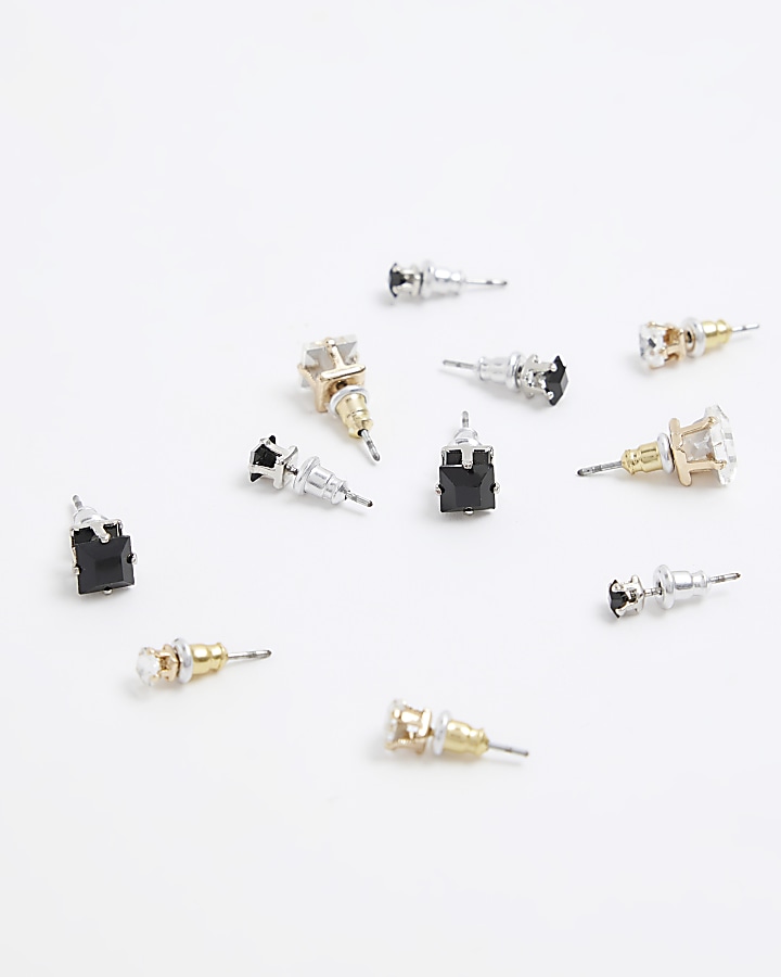 9pk black diamante stud earrings