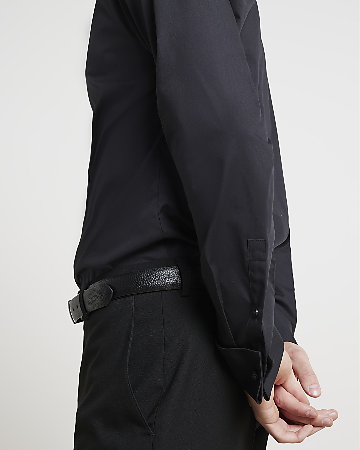 Black slim fit double cuff smart shirt
