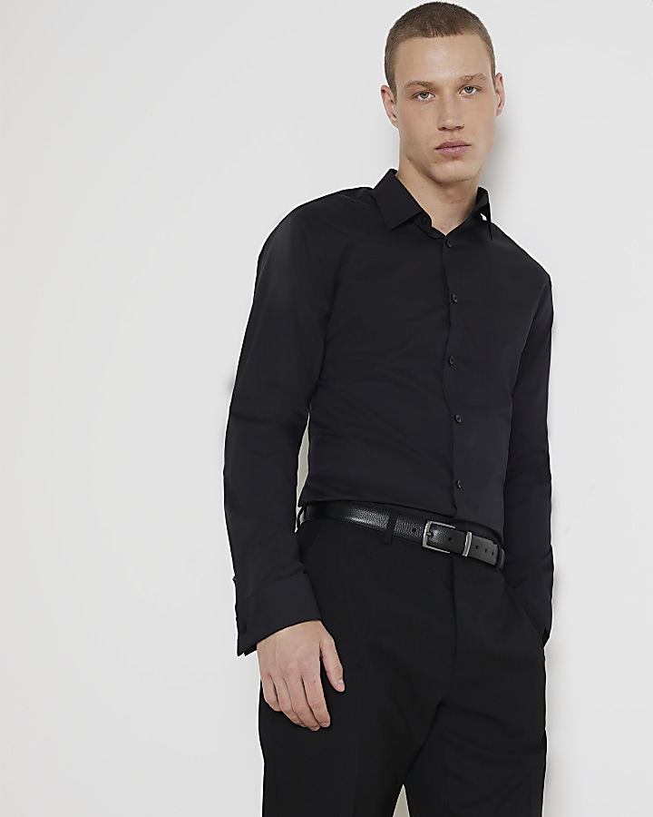 Black slim fit double cuff smart shirt River Island