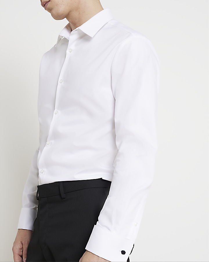 White slim fit double cuff smart shirt River Island