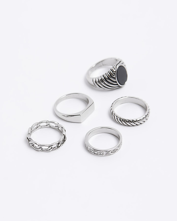 Silver colour stone textured ring multipack
