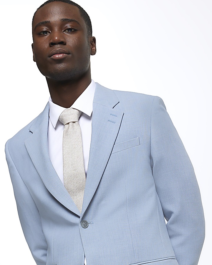 Blue slim fit textured suit jacket