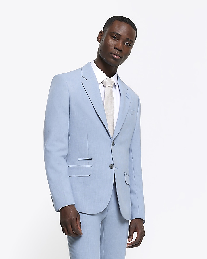 Blue slim fit textured suit jacket | River Island