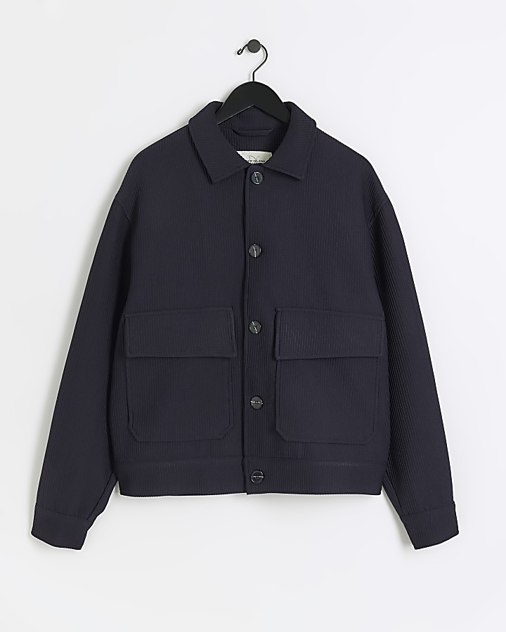 Navy regular fit plisse harrington jacket