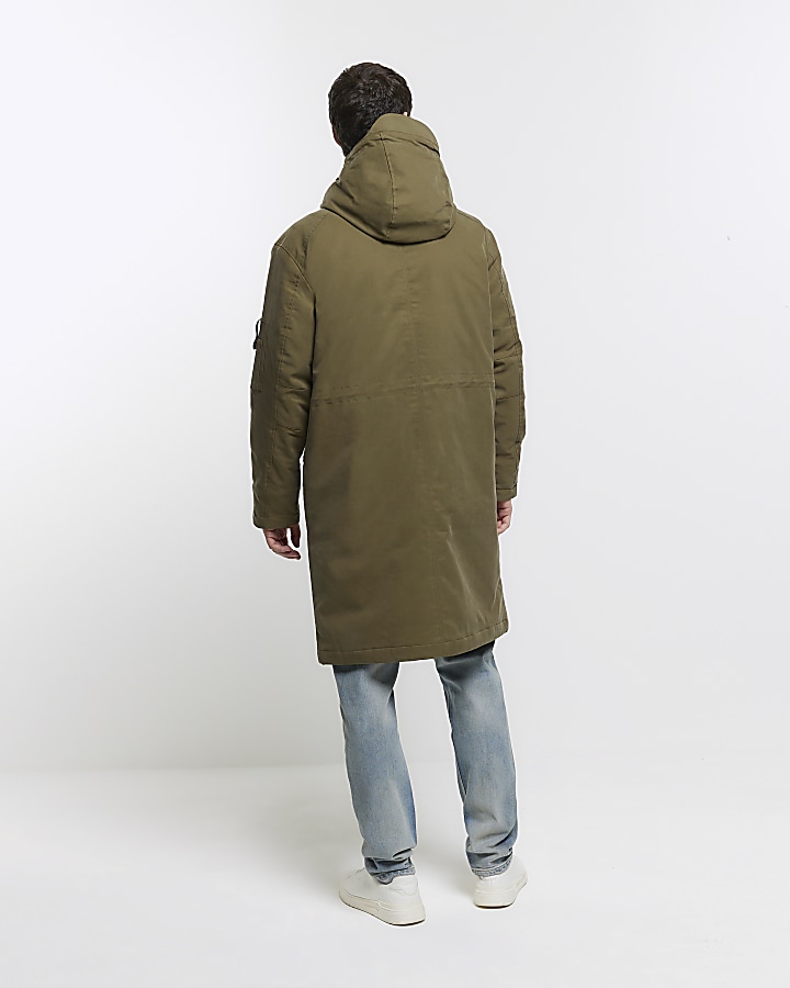 Khaki regular fit utility hooded parka jacket
