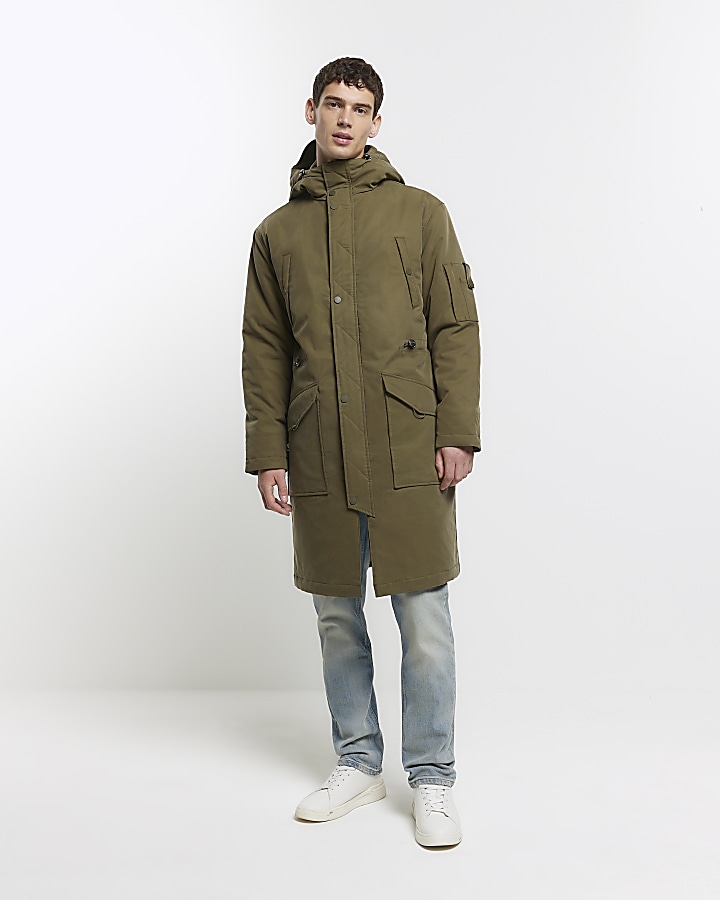 Khaki regular fit utility hooded parka jacket