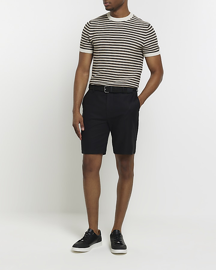 Black slim fit belted chino shorts | River Island