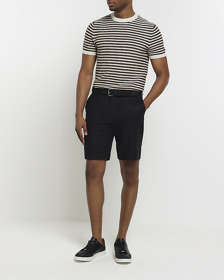 Black slim fit belted chino shorts