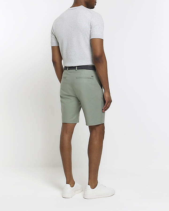 Green slim fit belted chino shorts