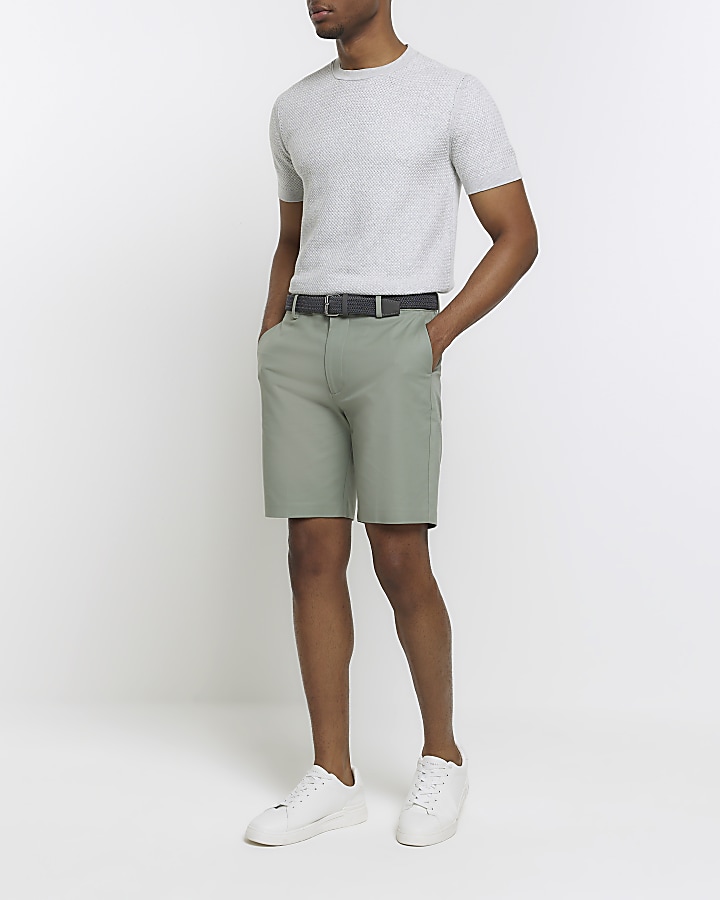 Green slim fit belted chino shorts
