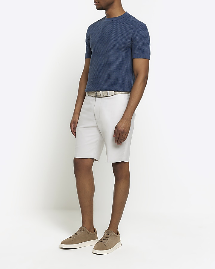 Beige slim fit belted chino shorts