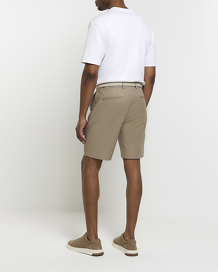 Beige slim fit belted chino shorts | River Island