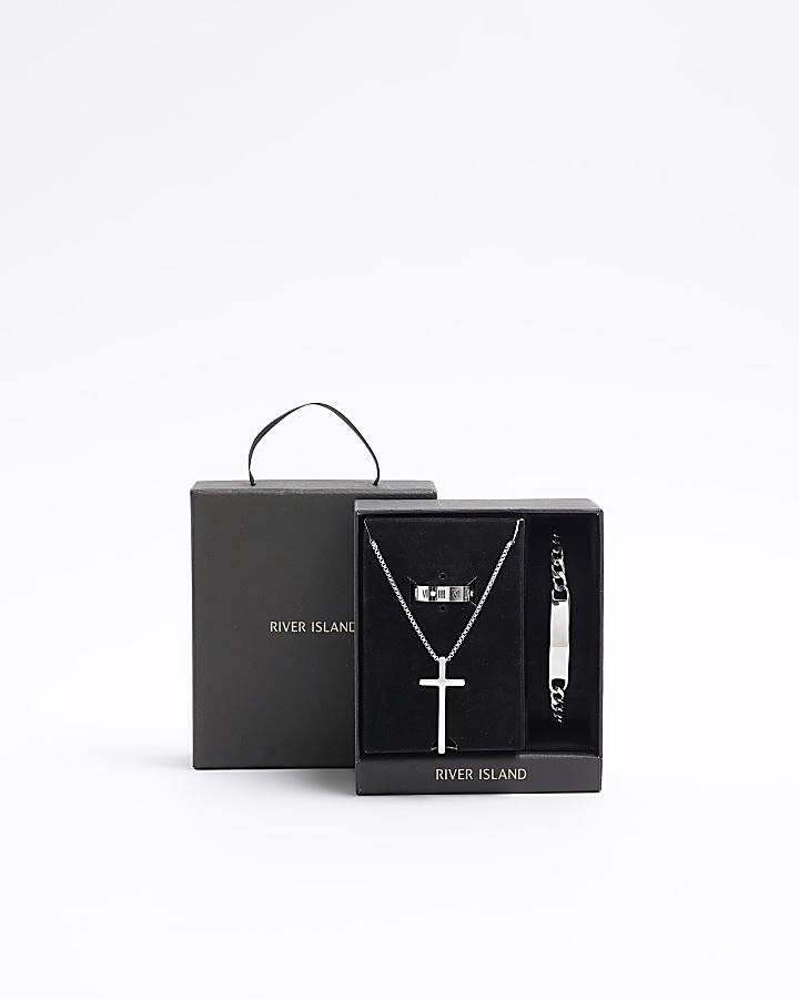 Silver plated cross necklace gift box