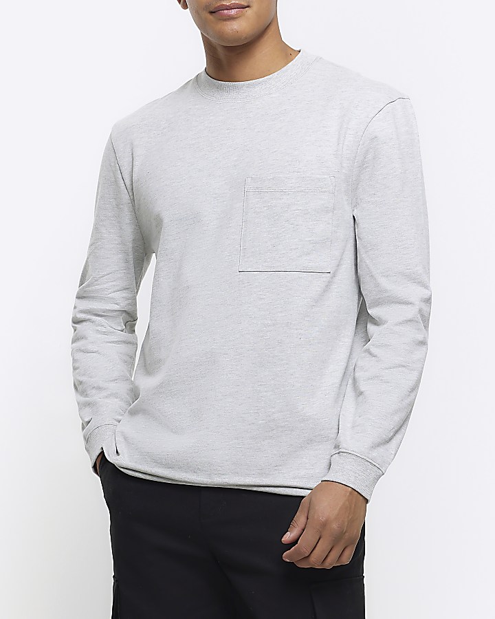 Grey regular fit pocket long sleeve t-shirt