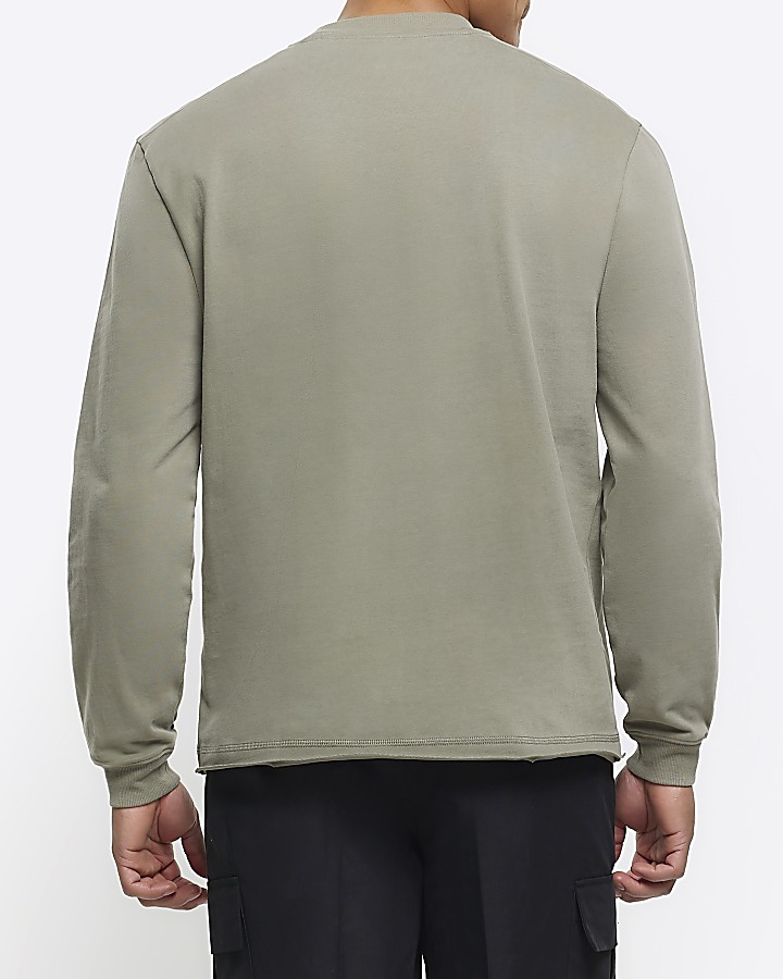 Khaki regular fit pocket long sleeve t-shirt | River Island
