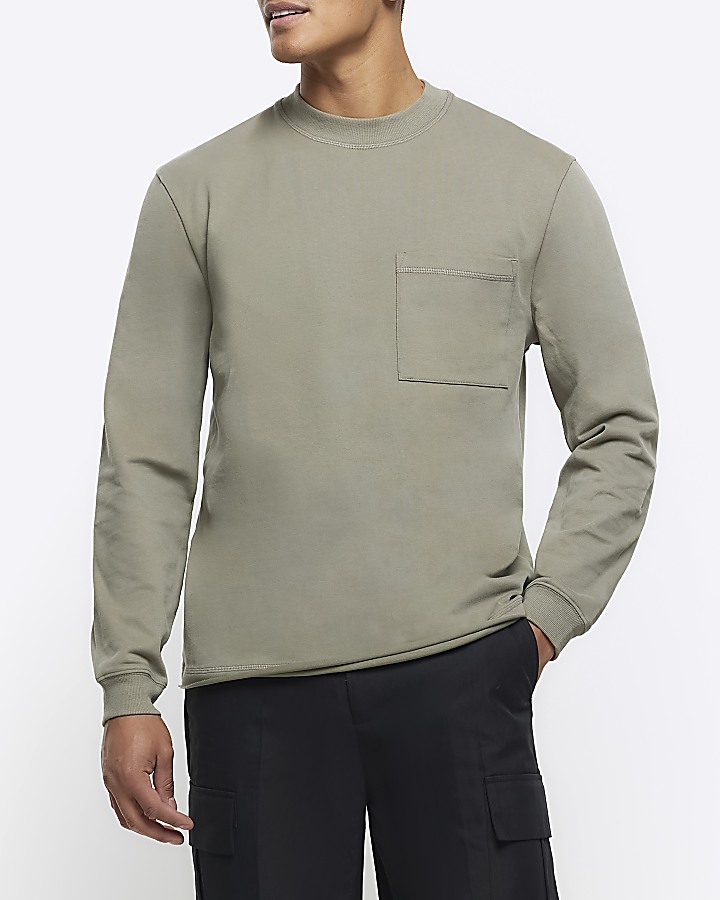 Khaki regular fit pocket long sleeve t-shirt