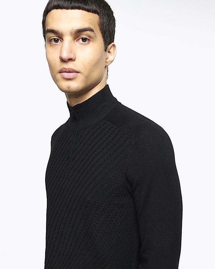 Black slim fit diagonal half zip jumper